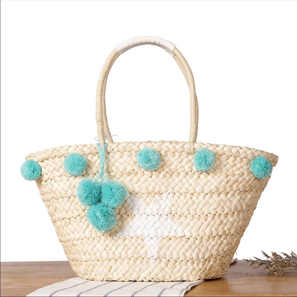 Straw Tote Summer Beach Handmade Bag Beige Mint